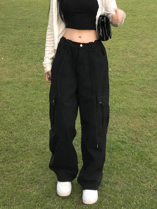Black string cargo pants