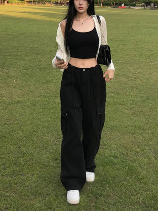 Black string cargo pants