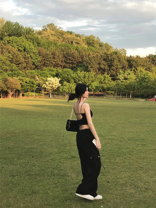 Black string cargo pants