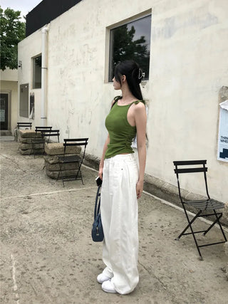 Side pin tuck cotton pants
