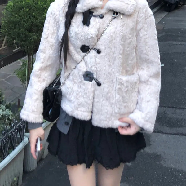 High-neck buckle fur coat