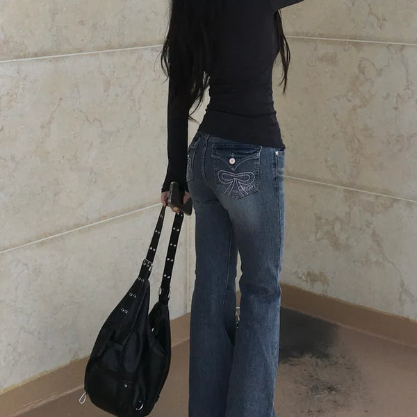 Ribbon Pocket Bootcut Denim Pants