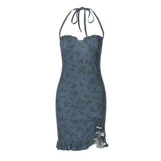 Halter print ruffle knotted backless mini dress