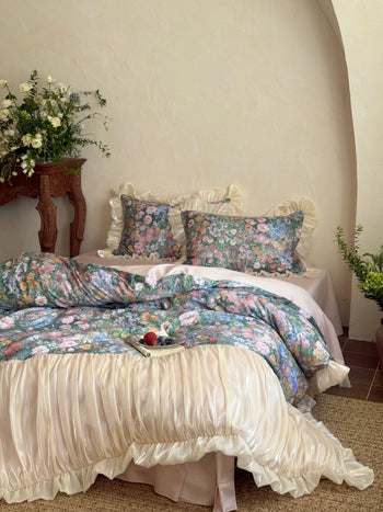 Oil Painting Floral Ruffle Cotton Bedding Set
