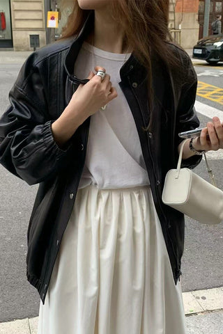 Stand collar leather jacket
