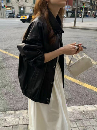 Stand collar leather jacket