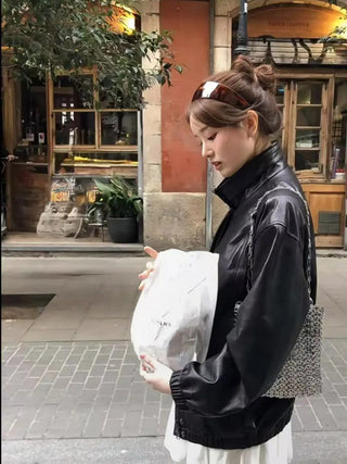 Stand collar leather jacket