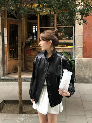 Stand collar leather jacket