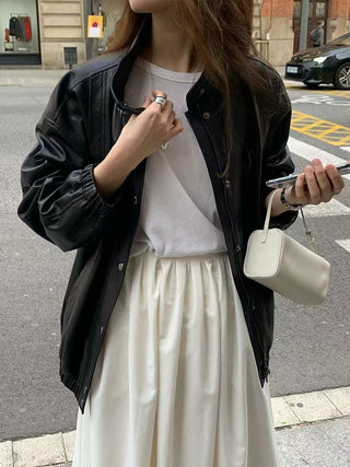 Stand collar leather jacket