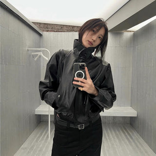 Short lapel leather coat