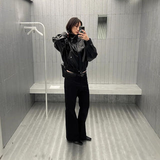 Short lapel leather coat