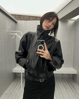 Short lapel leather coat