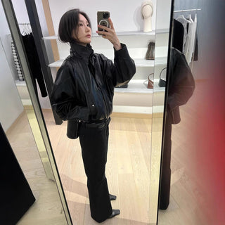 Short lapel leather coat