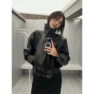 Short lapel leather coat