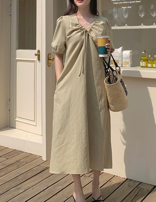 V-neck pleated dress