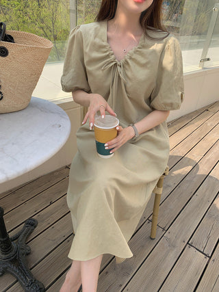 V-neck pleated dress