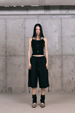 Lace-up Cotton Bermuda Pants