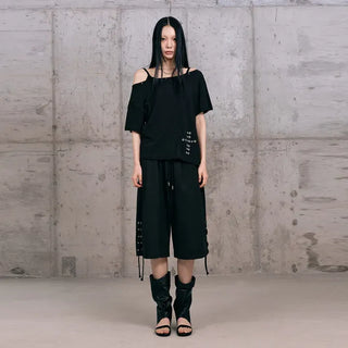 Lace-up Cotton Bermuda Pants