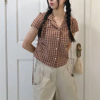 String Check Hooded Short Sleeve Shirt