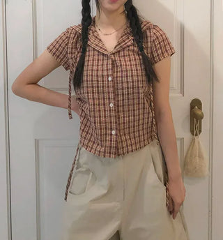 String Check Hooded Short Sleeve Shirt