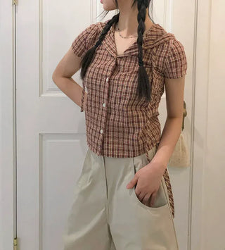 String Check Hooded Short Sleeve Shirt
