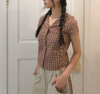 String Check Hooded Short Sleeve Shirt