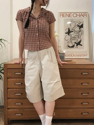 String Check Hooded Short Sleeve Shirt