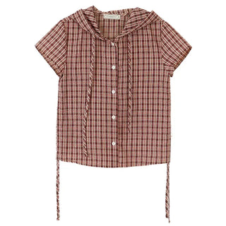 String Check Hooded Short Sleeve Shirt
