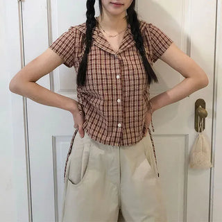 String Check Hooded Short Sleeve Shirt