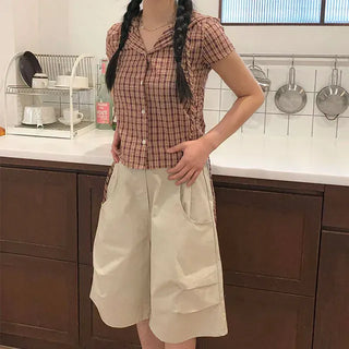 String Check Hooded Short Sleeve Shirt