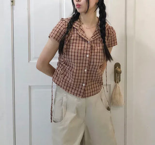 String Check Hooded Short Sleeve Shirt