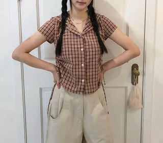 String Check Hooded Short Sleeve Shirt