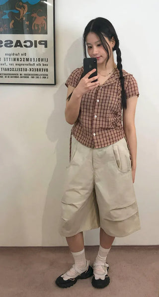 String Check Hooded Short Sleeve Shirt