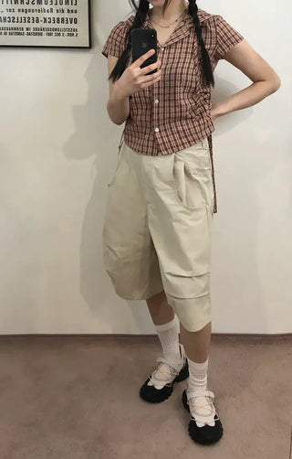 String Check Hooded Short Sleeve Shirt