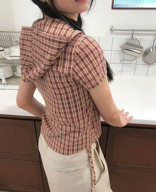 String Check Hooded Short Sleeve Shirt