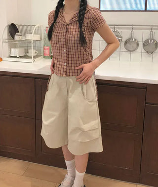 String Check Hooded Short Sleeve Shirt