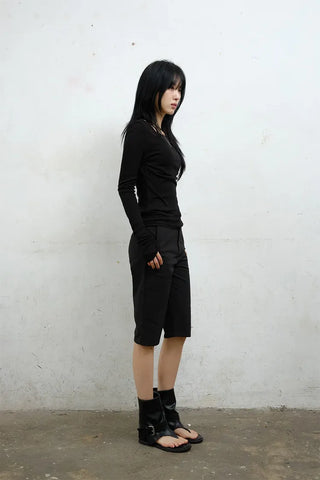 Raw Tencel V-neck Long Sleeve Tee