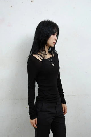 Raw Tencel V-neck Long Sleeve Tee