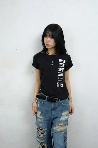 Here Henley Neck Short Sleeve Tee