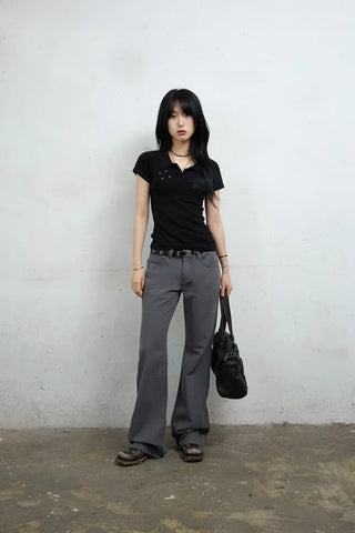 Four-eyelet collar short-sleeve tee