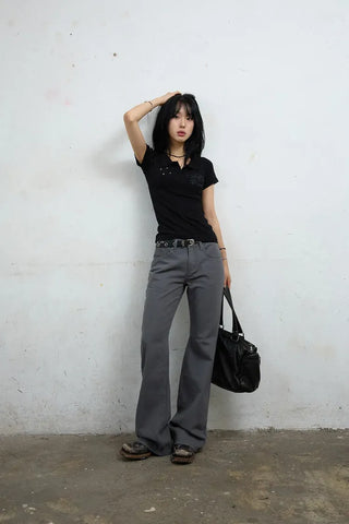 Four-eyelet collar short-sleeve tee