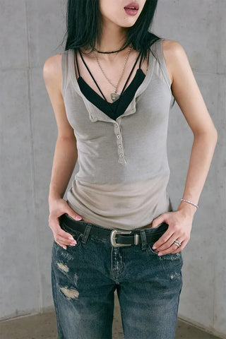 Button Henley Neck Sleeveless