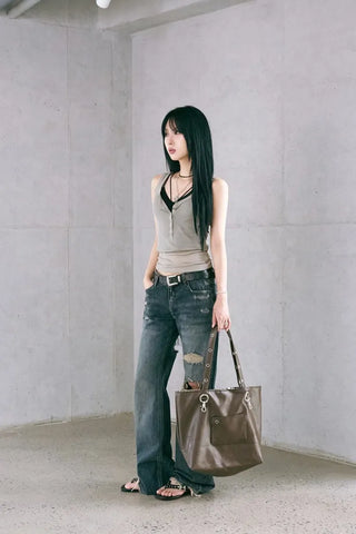 Button Henley Neck Sleeveless