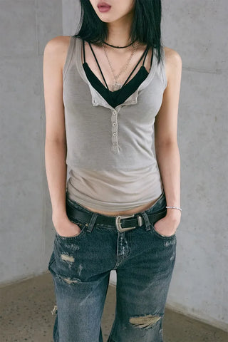 Button Henley Neck Sleeveless