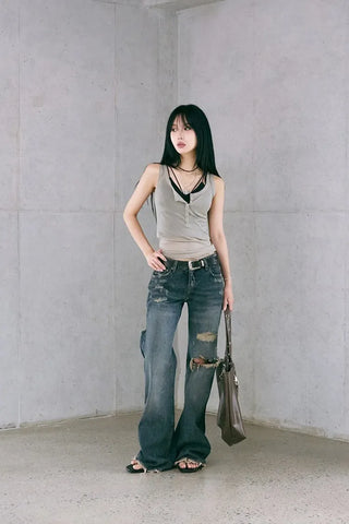 Button Henley Neck Sleeveless