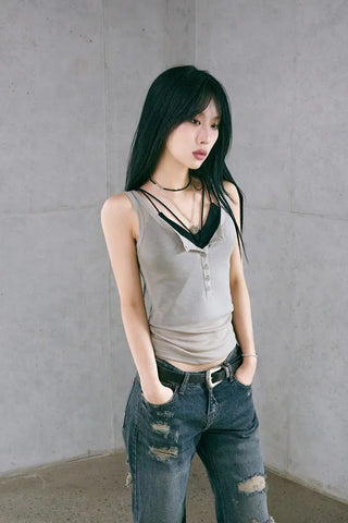 Button Henley Neck Sleeveless