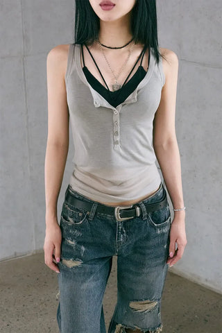 Button Henley Neck Sleeveless