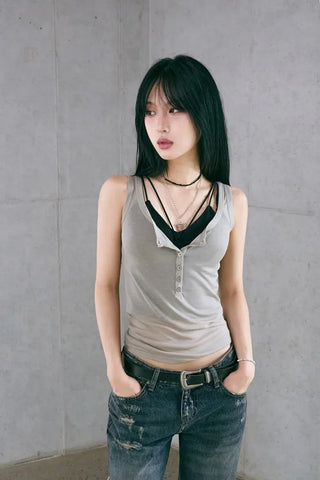 Button Henley Neck Sleeveless