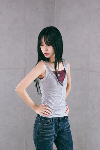 Button Henley Neck Sleeveless