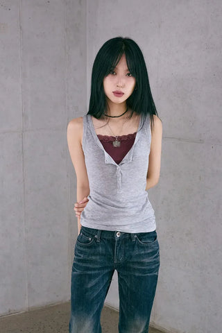 Button Henley Neck Sleeveless